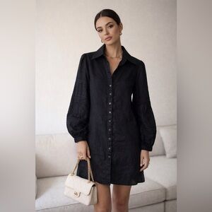 Anne Fontaine Black Button Down Puff Sleeve Linen Dress Size 38